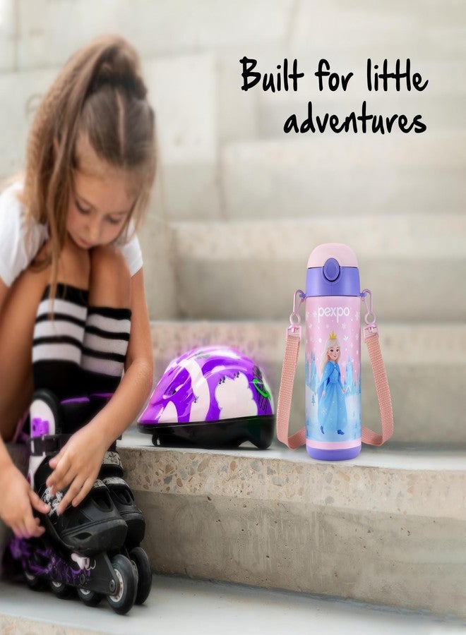 Pexpo Pixy ISI Certified Stainless Steel Water Bottle for School Kids - 300ml | Hot & Cold Vacuum Insulated Flask | Leak Proof | Carry Strap | School, Picnic, Sports - Pink Frozen Doll UV Print - Image 5